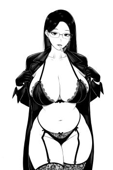 Rule 34 | 1girl, black bra, black panties, bra, breasts, cigarette, coat, curvy, garter belt, glasses, highres, huge breasts, lace, lace-trimmed bra, lace-trimmed panties, lace-trimmed thighhighs, lace panties, lace trim, large breasts, lazier, lingerie, long hair, mature female, monochrome, open clothes, open coat, original, panties, round eyewear, side-tie panties, solo, thighhighs, underwear, underwear only