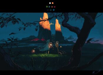 1other bone cattail city_lights cloak cloud color_guide flag grass hand_up highres holding holding_flag holding_lantern hood hood_up hooded_cloak lantern letterboxed mountain nature night original outdoors plant red_flag river scenery sign skull sky solo star_(sky) totsu tree white_cloak