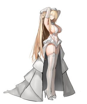 1girl armpits arms_up ascot blonde_hair blue_eyes breasts from_side high_heels highres huge_breasts legs leotard long_hair long_sidelocks long_skirt lump_saury navel original see-through_clothes see-through_leotard sidelocks simple_background skirt solo standing thighhighs thighs white_ascot white_background white_leotard white_skirt white_thighhighs