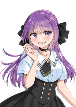 Rule 34 | 1girl, black bow, black choker, black skirt, bow, choker, collared shirt, hair bow, high-waist skirt, highres, indie virtual youtuber, long hair, looking at viewer, nanbu shu zhi zhu, otsuka ray, purple eyes, purple hair, sailor collar, shirt, simple background, skirt, smile, solo, teeth, upper body, virtual youtuber, white background, white shirt