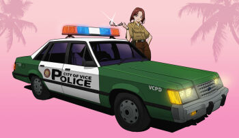 Rule 34 | 1girl, breast pocket, brown hair, brown pants, brown shirt, car, closed mouth, collared shirt, cuffs, feiyi, ford, ford ltd, gradient background, grand theft auto, grand theft auto: vice city, hand on own hip, handcuffs, headlight beam, highres, holding, holding handcuffs, motor vehicle, palm tree, pants, pink background, pocket, police, police car, police uniform, policewoman, pouch, right-hand drive, shirt, short hair, short sleeves, smile, solo, standing, tree, undershirt, united states, vehicle focus, white shirt