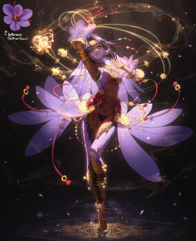 1girl absurdres anklet arabian_clothes arm_tattoo arm_up armlet armpits arrow_(symbol) artist_self-insert bare_shoulders barefoot belly_dancing black_hair black_panties bracelet bracer breasts chain chest_jewel circlet cleavage commentary curtained_hair dancer dark_skin ear_piercing earrings english_commentary english_text flower flower_earrings foot_tattoo forehead_jewel genie gold_anklet gold_armlet gold_bracelet golden_armlet hand_up harem_outfit highres jewelry knee_up large_breasts leg_tattoo lips medium_hair mouth_veil multiple_rings navel oil_lamp orange_eyes original panties parted_lips personification piercing purple_flower purple_nails purple_veil reference_inset revealing_clothes ring rinotuna see-through_clothes see-through_veil solo stomach stomach_tattoo string_panties tassel tattoo tiptoes toe_ring underboob underwear veil wishing