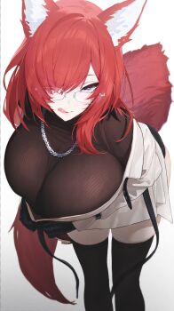 1girl :p absurdres animal_ears black_gloves blue_eyes blush boots breast_press breasts commission commissioner_upload daraa final_fantasy final_fantasy_xiv fox_ears fox_girl fox_tail glasses gloves hair_over_one_eye highres jacket jewelry large_breasts leaning_forward long_hair m&#039;arie_kheckdizi necklace red_hair skirt solo sweater tail thigh_boots tongue tongue_out vgen_commission warrior_of_light_(ff14)