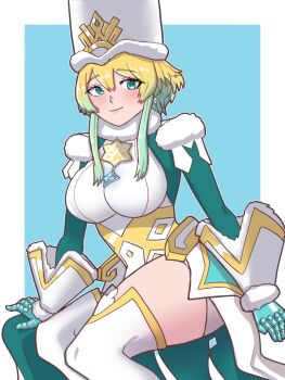 1girl alternate_costume blonde_hair blue_eyes blush breasts commentary dress earrings english_commentary fire_emblem fire_emblem_heroes fjorm_(fire_emblem) gradient_hair green_hair hat highres jewelry large_breasts looking_at_viewer mnejing30 multicolored_hair nintendo sitting smile solo thick_thighs thighhighs thighs white_dress white_hat white_thighhighs