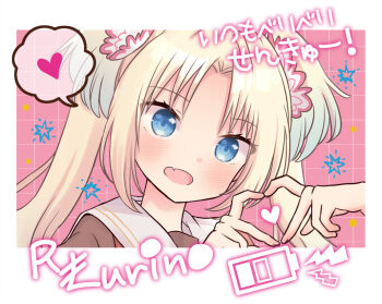 1girl four-finger_heart_hands :d artist_name battery_indicator blonde_hair blue_eyes blue_hair blush border brown_dress crossed_out dress fang flower gradient_hair grid_background hair_flower hair_ornament hasu_no_sora_school_uniform heart heart_hands heart_in_heart_hands light_blue_hair lightning_bolt_symbol link!_like!_love_live! long_hair long_sleeves looking_at_viewer love_live! multicolored_hair narita_rumi neckerchief open_mouth osawa_rurino parted_bangs pink_flower portrait red_neckerchief sailor_collar sailor_dress school_uniform sidelocks skin_fang smile solo spoken_heart translation_request twintails typo virtual_youtuber white_border white_sailor_collar winter_uniform