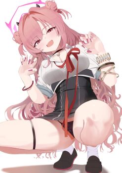 1girl :d amai2d arms_at_sides arms_up bare_legs black_choker black_panties black_skirt blue_archive blush bracelet breasts choker cleavage collared_shirt curly_hair double_bun fake_horns fang fingernails floral_print floral_print_panties from_below full_body gyaru hair_bun hair_intakes hairband halo hand_up high-waist_skirt highres horns jewelry kirara_(blue_archive) kogal large_breasts loafers long_fingernails long_hair long_sleeves looking_at_viewer loose_necktie miniskirt multiple_bracelets nail_polish necklace necktie open_mouth panties pantyshot parted_bangs partially_unbuttoned pencil_skirt pink_hair pink_halo pink_nails pinky_ring print_panties red_eyes red_necktie ring school_uniform see-through_clothes shirt shoes simple_background skindentation skirt smile socks solo squatting thigh_strap underbust underwear very_long_hair wavy_hair white_shirt white_socks