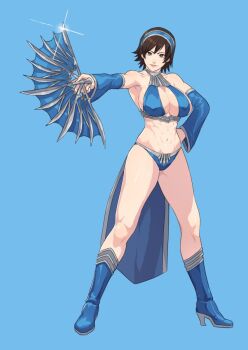 1girl abs armlet armpits bikini blue_bikini blue_boots blue_thighhighs boots breasts brown_eyes brown_hair cirenk cleavage cosplay folding_fan full_body hand_fan high_heel_boots high_heels highres holding holding_weapon jewelry kazama_asuka kitana kitana_(cosplay) large_breasts legs midriff midway midway_games mortal_kombat_(series) mortal_kombat_9 namco navel short_hair solo standing swimsuit tekken thighhighs thighs weapon
