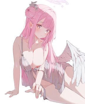 absurdres alternate_costume banpen bare_arms bare_shoulders blue_archive blush bottomless breasts cleavage closed_mouth collarbone commentary_request cowboy_shot fingernails hair_bun halo highres huge_breasts long_hair long_sidelocks looking_at_viewer mika_(blue_archive) nail_polish nightgown nipple_slip nipples pink_eyes pink_hair pink_halo pink_nails sidelocks simple_background strap_slip thighs white_background white_nightgown white_wings wings