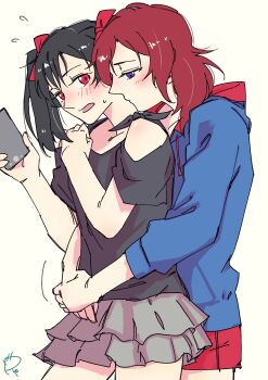 Rule 34 | 2girls, black hair, black shirt, blue hoodie, bow, cellphone, commentary request, flying sweatdrops, grey skirt, hair bow, highres, holding, holding phone, hood, hoodie, hug, hug from behind, love live!, love live! school idol project, medium hair, multiple girls, nishikino maki, phone, purple eyes, red bow, red eyes, red hair, red shorts, school uniform, shirt, shorts, simple background, skirt, smartphone, surfacedxxc, twintails, yazawa nico, yellow background, yuri
