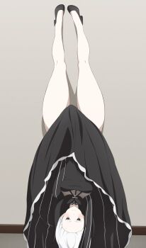 1girl black_capelet black_dress black_eyes black_footwear blush breasts capelet coro_fae dress echidna_(re:zero) handstand highres long_dress long_hair long_sleeves lycoris_challenge_(meme) medium_breasts meme pale_skin parody re:zero_kara_hajimeru_isekai_seikatsu scene_reference thick_thighs thighs upside-down white_hair