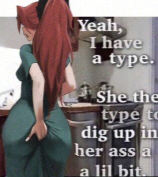 1girl adjusting_clothes adjusting_panties ass breasts covered_erect_nipples dress english_text film_grain from_behind green_dress highres huge_ass long_hair mahou_shoujo_madoka_magica medium_breasts meme nagilamagykalz panties photo_background ponytail red_hair sakura_kyoko scratching_ass sideboob underwear wedgie yeah,_i_have_a_type_(meme)