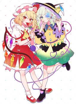 2girls ascot black_boots black_hat blonde_hair boots bow buttons candy closed_mouth collared_shirt commentary crystal crystal_wings diamond_button eyeball fang flandre_scarlet floral_print food frilled_shirt_collar frilled_skirt frilled_sleeves frills full_body green_hair green_nails green_skirt hat hat_bow heart heart_of_string holding holding_candy holding_food holding_lollipop komeiji_koishi lollipop long_sleeves mary_janes mob_cap mozukuzu_(manukedori) multiple_girls one_side_up pointy_ears print_skirt puffy_short_sleeves puffy_sleeves red_bow red_eyes red_shoes red_skirt red_vest rose_print shirt shoes short_sleeves skirt skirt_set socks symbol-only_commentary third_eye touhou vest white_hat white_socks wings wrist_cuffs yellow_ascot yellow_bow yellow_shirt