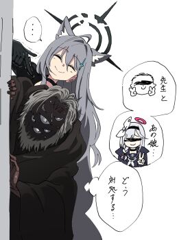 ... 1boy 2boys 2girls ahoge animal_ear_fluff animal_ears black_choker black_dress black_hairband black_halo black_sailor_collar black_serafuku blue_archive broken_halo censored censored_identity choker closed_eyes colored_inner_hair cross cross_hair_ornament dark_halo doodle_sensei_(blue_archive) double_v dress extra_ears extra_eyes gloves grey_hair grey_halo hair_between_eyes hair_ornament hair_over_one_eye hairband halo highres inverted_cross long_hair long_sleeves looking_at_viewer momomatang multicolored_hair multiple_boys multiple_girls neckerchief pink_halo plana_(blue_archive) sailor_collar school_uniform scribble_censor sensei_(blue_archive) serafuku shiroko_terror_(blue_archive) simple_background smile spoken_character spoken_ellipsis underground_dweller_(blue_archive) v white_background white_neckerchief wolf_ears wolf_girl