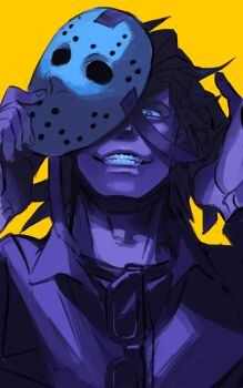 Rule 34 | 1boy, 2bro., anija (2bro.), blue eyes, clenched teeth, commentary request, grin, high contrast, highres, hockey mask, holding, holding mask, male focus, mask, removing mask, saida (ohda ooda), simple background, smile, solo, sunglasses, teeth, unworn eyewear, yellow background