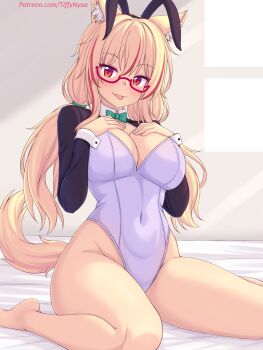 1girl :p animal_ear_fluff animal_ears bare_legs barefoot bed_sheet black_hairband blonde_hair bow bowtie breasts cat_ears cat_girl cat_tail cleavage closed_mouth commentary_request covered_groin fake_animal_ears glasses green_bow green_bowtie hair_between_eyes hairband hands_up highres indoors large_breasts leotard long_hair long_sleeves looking_at_viewer low_twintails multicolored_hair no_shoes nottytiffy original playboy_bunny rabbit_ears red-framed_eyewear red_eyes red_hair semi-rimless_eyewear shrug_(clothing) sitting smile solo streaked_hair tail tiffy_(nottytiffy) tongue tongue_out twintails under-rim_eyewear very_long_hair wariza watermark web_address white_leotard window