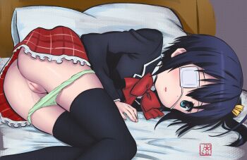 1girl ass chuunibyou_demo_koi_ga_shitai! commentary elementary_(lolipope) eyepatch green_panties highres icho_private_high_school_uniform loli lying medical_eyepatch on_side one_side_up panties panty_pull pussy pussy_juice school_uniform skirt solo takanashi_rikka thighhighs underwear
