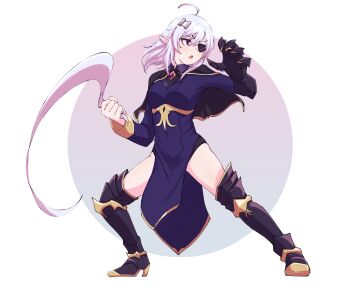 Rule 34 | 1girl, ahoge, armored boots, black capelet, black dress, boots, breasts, capelet, commentary, dress, eyepatch, gauntlets, general geega, general geega (1st costume), gold trim, highres, indie virtual youtuber, long hair, looking to the side, medium breasts, pelvic curtain, pointy ears, red eyes, single gauntlet, towel whip, valefal coneri, virtual youtuber, white hair