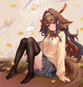 1girl alternate_costume animal_ear_fluff animal_ears arm_support black_thighhighs blush bow bowtie brown_cardigan brown_hair brown_tail cardigan clover clover_hair_ornament commentary copyright_name droopy_ears english_commentary falling_leaves grey_skirt hair_ornament hairband head_tilt leaf long_hair looking_at_viewer mashaer no_shoes open_mouth red_bow red_bowtie red_eyes school_uniform shirt sitting skirt solo spoken_blush tail thighhighs very_long_hair white_hairband white_shirt ye_shunguang zenless_zone_zero