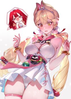 >_< 2girls @_@ alice_thymefield alice_thymefield_(sea_of_thyme) animal_ears artist_name bare_shoulders blonde_hair blush bracelet braid breasts cleavage collarbone commentary cowboy_shot dress english_commentary fingernails gradient_background grey_background hair_ornament hairband hands_up heterochromia highres jewelry laughing long_hair looking_down low_twintails medium_breasts multiple_girls official_alternate_costume one-piece_swimsuit open_mouth rabbit_ears rabbit_girl red_eyes red_hair ringeko-chan solo_focus sphere_hair_ornament swimsuit tears thigh_gap thigh_strap thighs twintails ukinami_yuzuha ukinami_yuzuha_(tanuki_in_broad_daylight) very_long_hair white_background white_dress white_hairband yellow_eyes zenless_zone_zero