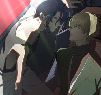 2boys bare_arms black_shirt black_tank_top blazer blonde_hair blue_eyes blue_hair bowl_cut char_aznable cockpit colored_inner_hair commentary_request eye_contact face-to-face green_jacket gundam gundam_gquuuuuux jacket leaning_forward light_particles light_rays looking_at_another mrtoen multicolored_hair multiple_boys pants ponytail red_eyes serious shirouzu_(gundam) shirt short_ponytail shuji_ito sunbeam sunlight tank_top turtleneck wavy_hair white_pants