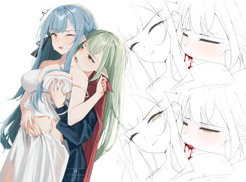 2girls bang_dream! bang_dream!_it&#039;s_mygo!!!!! biting black_ribbon blood blood_on_neck blue_hair blue_shirt breasts cape dress fangs grabbing_another&#039;s_breast grabbing_from_behind green_hair groping hair_ribbon highres kebohan large_breasts long_hair multiple_girls neck_biting pointy_ears red_cape red_eyes ribbon school_uniform shirt simple_background slit_pupils togawa_sakiko torn_clothes torn_dress tsukinomori_school_uniform two_side_up vampire wakaba_mutsumi white_background white_dress yellow_eyes yuri