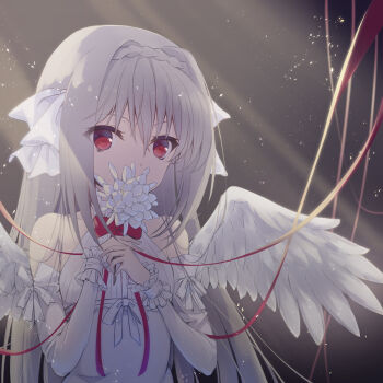 1girl alternate_costume angel angel_wings bow bowtie braid coffee1223 commentary covering_own_mouth crown_braid detached_sleeves dress eyes_visible_through_hair feathered_wings frilled_sleeves frills grey_hair hair_between_eyes hair_intakes hands_up light_particles locker locker_room long_hair long_sleeves looking_at_viewer own_hands_together red_bow red_bowtie red_eyes red_ribbon ribbon sakurakouji_luna sidelighting simple_background sleeveless sleeveless_dress solo straight_hair sunlight tsuki_ni_yorisou_otome_no_sahou upper_body very_long_hair white_dress white_sleeves white_wings wings