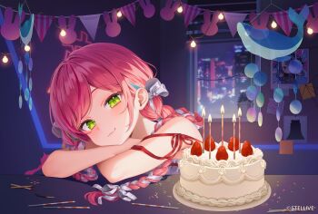 1girl arm_pillow arm_ribbon birthday_cake bow braid cake candle closed_mouth commentary_request copyright_notice cropped_shoulders food fruit green_eyes hair_bow hair_ribbon highres indoors korean_commentary light_bulb long_hair looking_at_viewer matches multicolored_hair night official_art parted_bangs peto_(hanako_nana) pink_hair reel_(riru) ribbon ribbon_braid smile solo stellive strawberry streaked_hair variant_set virtual_youtuber white_bow white_ribbon window