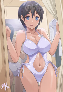 1girl ass black_hair breasts brown_eyes casual_one-piece_swimsuit cleavage commentary_request commission curtains dark-skinned_female dark_skin fitting_room highres large_breasts mirror monokini navel nikulas_cage one-piece_swimsuit original pixiv_commission price_tag reflection short_hair side-tie_one-piece_swimsuit side-tie_swimsuit solo swimsuit thigh_gap white_one-piece_swimsuit