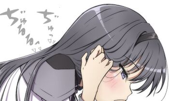 1girl akemi_homura akemi_homura_(magical_girl) black_hair black_hairband blush commentary_request from_side hairband hand_in_own_hair highres implied_fellatio loli long_hair mahou_shoujo_madoka_magica portrait profile purple_eyes reno_3tomato simple_background solo white_background