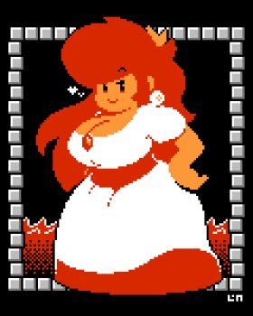 8-bit border breasts crown dress earrings highres jewelry large_breasts lava legendofnerd mario_(series) meme nintendo orange_hair pixel_art princess princess_peach princess_toadstool_redraw_(meme) smug solo sphere_earrings super_mario_bros._1 white_dress