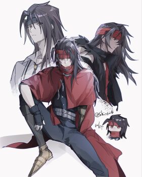 1boy armored_boots belt black_coat black_gloves black_hair black_headband black_necktie black_pants black_shirt boots chibi clawed_gauntlets cloak closed_mouth coat collared_shirt final_fantasy final_fantasy_vii final_fantasy_vii_ever_crisis fingerless_gloves fur-trimmed_coat fur_trim gloves gold_boots hair_between_eyes headband highres lily_(shio1006) long_hair male_focus multiple_belts multiple_views necktie pants red_cloak red_eyes red_headband red_shirt shirt sitting solo suspenders twintails vincent_valentine vincent_valentine_(formal_attire) vincent_valentine_(stray_dog) white_background white_shirt