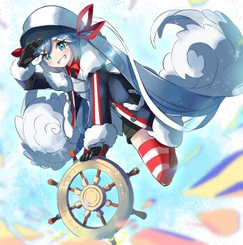1girl arm_up black_coat black_gloves black_necktie black_shorts blue_eyes blush boots coat collared_shirt commentary_request fur-trimmed_boots fur-trimmed_coat fur-trimmed_sleeves fur_trim gloves gradient_hair hair_between_eyes hair_ribbon hat hatsune_miku highres long_hair long_sleeves looking_at_viewer multicolored_hair necktie official_alternate_costume official_alternate_hairstyle peaked_cap red_ribbon red_shirt red_thighhighs ribbon sailor_hat sasanoha_(sasanoha0712) ship's_wheel shirt short_shorts shorts smile solo teeth thighhighs twintails very_long_hair vocaloid white_hair white_shirt yuki_miku yuki_miku_(2022)