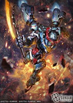 artist_request battle blurry blurry_foreground cable copyright_notice debris explosion glowing_hot gquuuuuux gundam gundam_card_game gundam_gquuuuuux heat_hawk logo machinery mecha mecha_focus mobile_suit nebula official_art realistic robot science_fiction space thrusters v-fin zero_gravity