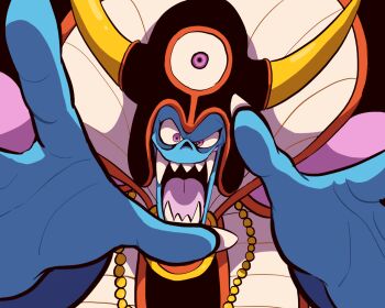 Rule 34 | 1boy, blue skin, colored skin, commentary request, dragon quest, dragon quest iii, fake horns, fangs, fingernails, greg (scrapyard), helmet, horned helmet, horns, jewelry, looking at viewer, male focus, necklace, open hands, open mouth, partial commentary, purple eyes, reaching, reaching towards viewer, robe, sharp fingernails, sharp teeth, solo, teeth, third eye, zoma
