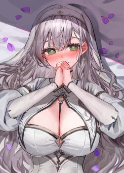 Rule 34 | 1girl, absurdres, between breasts, blush, breasts, cleavage, commentary request, dress, earrings, green eyes, grey hair, heart, heart-shaped pupils, highres, hololive, jewelry, large breasts, long hair, long sleeves, looking at viewer, lying, nun, official alternate costume, on back, own hands clasped, own hands together, petals, purple petals, rum raisin (chihiromakita19), shirogane noel, shirogane noel (battle nun), solo, symbol-shaped pupils, upper body, virtual youtuber, white dress