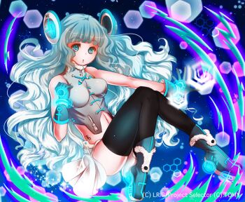 1girl arihato black_thighhighs blue_eyes blue_hair blue_shoes breasts copyright_notice gloves grey_gloves grey_shirt long_hair looking_at_viewer medium_breasts navel official_art open_mouth shirt shoes skirt solo thighhighs toriumu_(wixoss) very_long_hair white_skirt wixoss