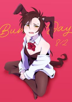 1girl absurdres air_shakur_(umamusume) animal_ears asymmetrical_bangs bare_shoulders black_hair black_leotard blush bow bowtie breasts brown_pantyhose bunny_day dated detached_collar ear_covers eyebrow_piercing face_piercing fang frown full_body furrowed_brow half-closed_eyes highres horse_ears horse_girl horse_tail indian_style jacket leotard long_hair looking_at_viewer no_shoes off_shoulder open_mouth pantyhose piercing pink_background samedonburi simple_background sitting small_breasts solo tail umamusume white_jacket yellow_eyes