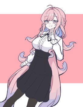 1girl ahoge arknights black_ribbon black_skirt bright_pupils center_frills collared_shirt commentary earrings frills grey_eyes highres hmrsh jewelry long_hair long_skirt long_sleeves looking_at_viewer lucilla_(arknights) neck_ribbon pantyhose pink_hair ribbon shirt simple_background skirt solo very_long_hair white_pupils white_shirt