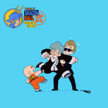 3boys bald bald_male beard black_eyes blue_background chibi dragon_ball facial_hair happy kuririn laughing lifting_person master_and_apprentice master_and_pupil microphone multiple_boys muten_roushi smile sunglasses