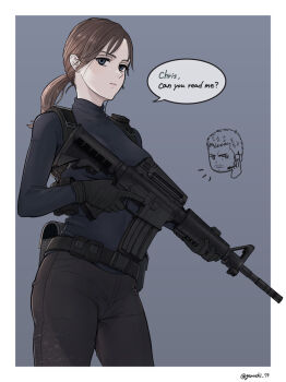 1boy 1girl artist_name assault_rifle black_gloves brown_hair chris_redfield daisy_mk_589 gloves grey_background gun highres holding holding_gun holding_weapon jill_valentine long_hair low_ponytail ponytail resident_evil resident_evil_village rifle simple_background speech_bubble weapon