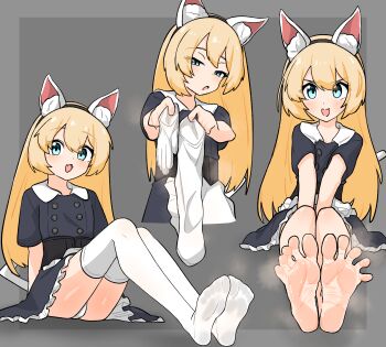 1girl animal_ears barefoot blonde_hair blue_eyes blush fake_animal_ears feet gloves highres jervis_(halloween)_(kancolle) jervis_(kancolle) kantai_collection long_hair looking_at_viewer nairo open_mouth panties pantyshot socks soles steam thighhighs toes underwear unworn_gloves unworn_socks white_thighhighs