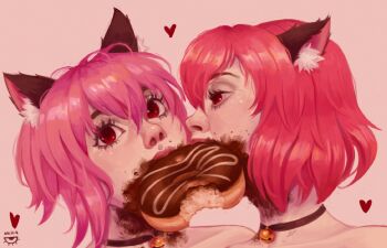 2girls animal_ear_fluff artist_name bad_source bell cat_girl chocolate donut eating eyelashes food food_in_mouth food_on_face half-closed_eyes heart highres kamikaze_mika lips looking_at_viewer messy_eater mouth_hold multiple_girls neck_bell original photo-referenced pink_background pink_hair red_eyes short_hair upper_body