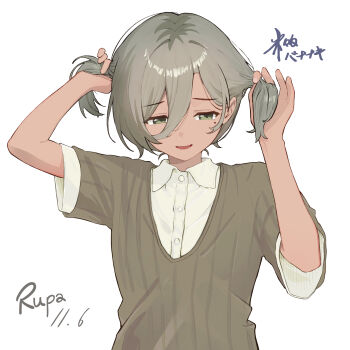 1girl blush brown_sweater censored collared_shirt commentary_request dated girls_band_cry gohannanaki green_eyes highres holding holding_own_hair long_hair mole mole_under_eye mosaic_censoring open_mouth rupa_(girls_band_cry) shirt simple_background solo sweater two_side_up upper_body white_background white_shirt