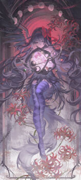 2girls absurdres akemi_homura akuma_homura argyle_clothes argyle_thighhighs bare_shoulders black_collar black_dress black_gloves black_hair black_shoes black_wings bow bubble_skirt chain collar detached_collar downturned_eyes dress dress_bow elbow_gloves expressionless eyelashes faceless faceless_female feather-trimmed_dress feathered_wings fetal_position flats floating floating_hair flower frilled_skirt frilled_socks frills gears gloves hair_bow hairband hei_yu highres kaname_madoka kneehighs long_hair looking_at_another magical_girl mahou_shoujo_madoka_magica mahou_shoujo_madoka_magica:_hangyaku_no_monogatari mini_person minigirl miniskirt moon_phases multiple_girls parted_lips pillar pink_dress pink_hair puffy_short_sleeves puffy_sleeves purple_eyes purple_thighhighs red_bow red_flower red_hairband red_shoes shoes short_dress short_hair short_sleeves short_twintails size_difference skirt skirt_under_dress socks spider_lily spread_wings strapless strapless_dress thighhighs train_(clothing) trapped twintails very_long_hair wavy_hair white_gloves white_skirt white_sleeves white_socks wings