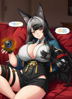 1girl adapted_costume ahoge animal_ear_fluff animal_ears aqua_jacket belt between_breasts black_belt black_gloves black_hair black_necktie black_skirt blunt_bangs breasts bright_pupils cleavage clothes_between_breasts clothing_cutout door english_text fingerless_gloves fox_ears fox_girl fusion gauntlets gloves glowing grabbing_own_breast gradient_hair grey_hair heterochromia high-waist_skirt highres hip_vent holding holding_orb hoshimi_miyabi huge_breasts indoors jacket knee_up long_hair looking_at_viewer magic miniskirt multicolored_hair multicolored_text necktie necktie_between_breasts orb parted_lips pleated_skirt plunging_neckline red_eyes shirt single_fingerless_glove single_gauntlet sitting skirt solo speech_bubble thigh_strap umbracallistis very_long_hair white_hair white_pupils white_shirt wing_collar yellow_eyes yixuan_(zenless_zone_zero) zenless_zone_zero