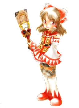 1girl adapted_costume belt boots bow brown_hair cosplay crossover detached_sleeves final_fantasy final_fantasy_xi frilled_bow frilled_hair_tubes frills hair_bow hair_tubes hakurei_reimu holding looking_at_viewer open_mouth red_bow sleeves_past_wrists smile solo the_iron_of_yin_and_yang touhou white_mage_(final_fantasy) white_mage_(final_fantasy)_(cosplay) ys43miyade