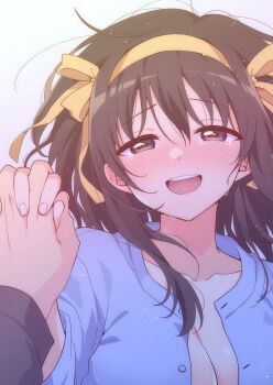 1boy 1girl :d blue_shirt breasts brown_eyes brown_hair cleavage collarbone commentary_request hair_ribbon hairband happy highres kyon looking_at_viewer medium_hair open_mouth pov pov_hands ribbon shirt short_hair smile solo_focus suzumiya_haruhi suzumiya_haruhi_no_yuuutsu taiki_(6240taiki) teeth upper_teeth_only yellow_hairband yellow_ribbon