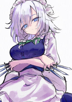 Rule 34 | 1girl, absurdres, apron, arms under breasts, blue dress, blue eyes, bow, braid, breasts, calpis118, commentary, crossed arms, dress, expressionless, from below, green bow, grey hair, hair between eyes, hair bow, highres, holding, holding knife, izayoi sakuya, knife, large breasts, long hair, looking at viewer, looking down, maid, maid headdress, multiple knives, ribbon, short sleeves, solo, touhou, twin braids, waist apron, white apron, white background, white sleeves