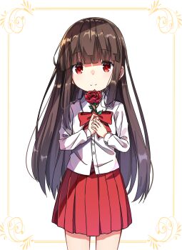 1girl absurdres blunt_bangs bow bowtie brown_hair buttons child closed_mouth corner dress dress_shirt flower frilled_dress frills highres holding holding_flower ib_(ib) ib_(kouri) jacket long_hair long_sleeves looking_at_viewer miniskirt multicolored_eyes petals pleated_dress pleated_skirt red_bow red_bowtie red_dress red_eyes red_flower red_petals red_rose rose rose_petals school_uniform shirt simple_background skirt smile solo white_background white_jacket white_shirt white_skirt zoirun