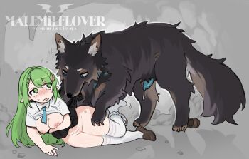 1girl animal_penis aqua_necktie bestiality black_skirt blush clothes_lift commission degrees_of_lewdity dog_penis full_body green_eyes highres long_hair lying necktie nose_blush on_side original outdoors panties panties_around_leg penis precum school_uniform shirt_lift skirt skirt_lift sweat tearing_clothes thighhighs tnso torn_clothes underwear unworn_shoe watermark white_thighhighs wolf